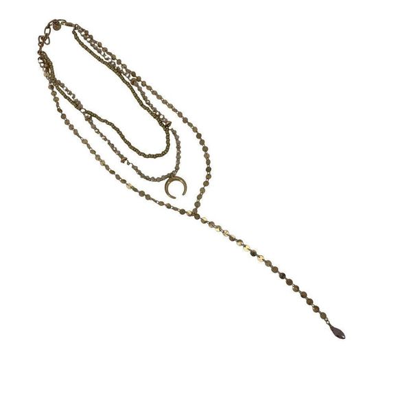 Crescent Moon Horn Multistrand Y Necklace Gold Boho Stamped Metal 2499 EUC - Picture 10 of 10